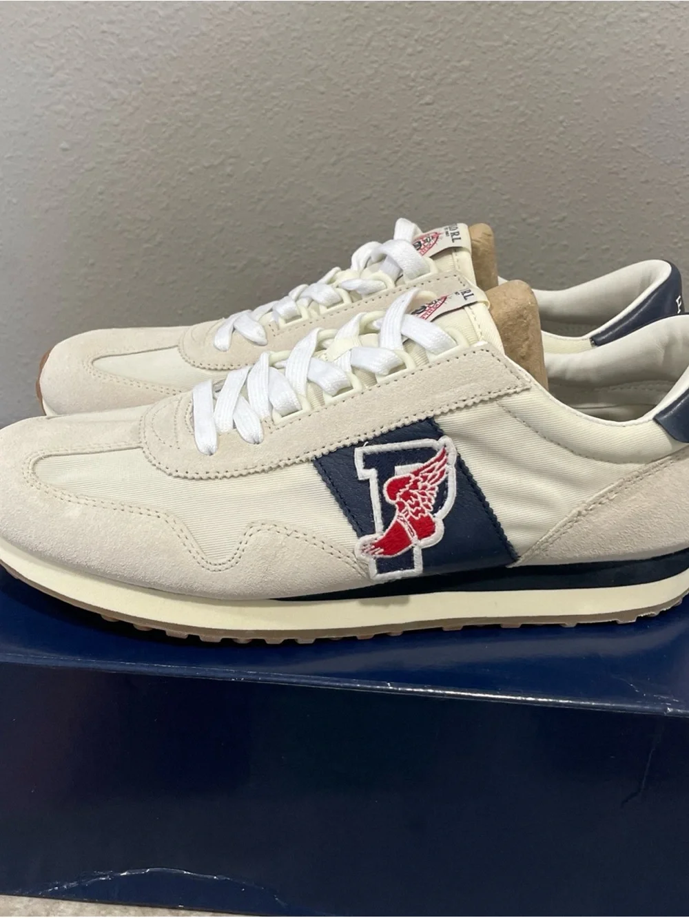 Polo by Ralph Lauren Men’s Cream, Navy & Red Athletic Sneakers